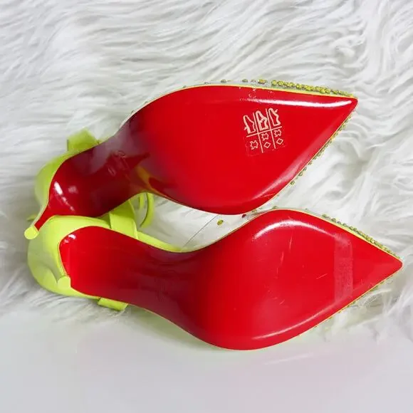 Christian Louboutin Spikaqueen 100 Crystal Neon Yellow Green Clear Pumps Size 37 - Picture 15 of 16